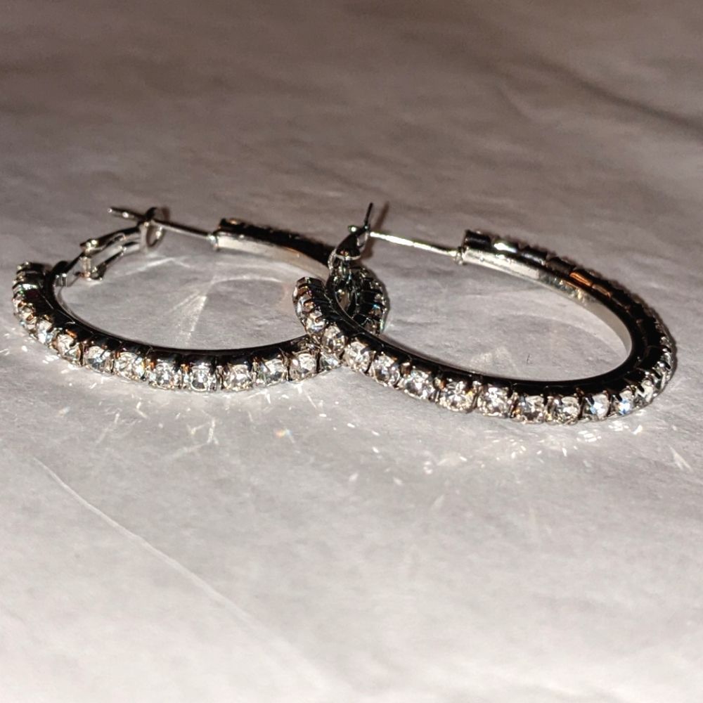 Silver Rhinestone Hoop Earrings Medium - Picture 4 of 8